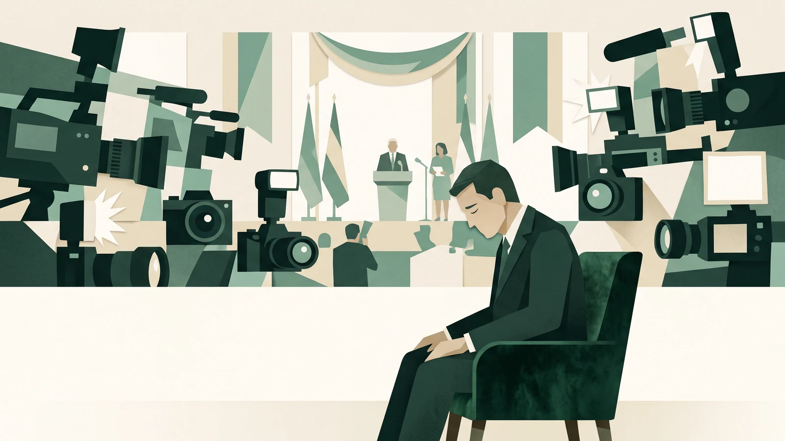 An editorial metaphor for fatigue under intense public scrutiny: a formal ceremony seen through cameras while an anonymous seated statesperson closes their eyes, with no identifiable face.