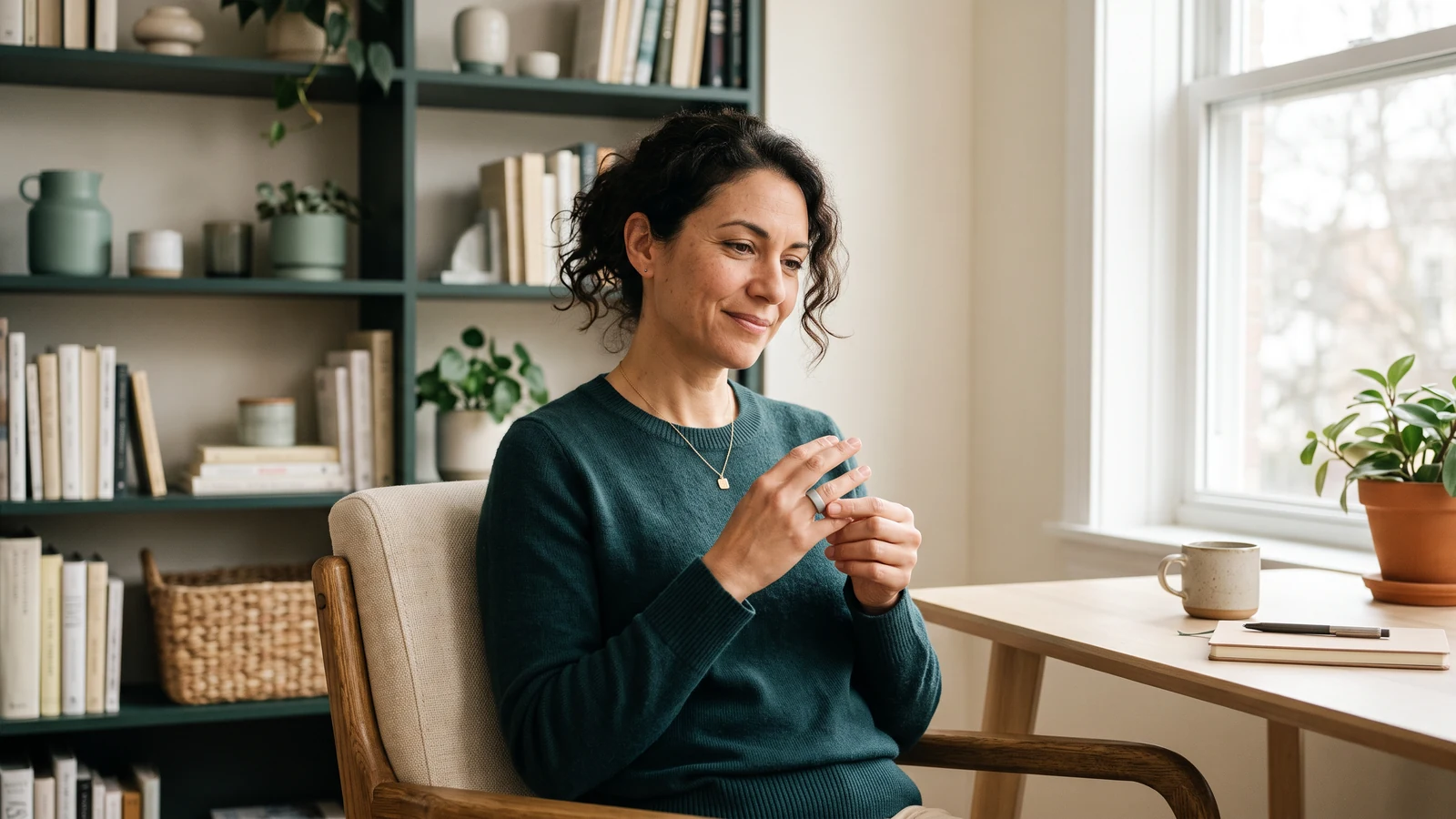 An anonymized software engineer in a calm remote interview reflecting on sleep scores from a smart ring, natural home-office light and no screens.
