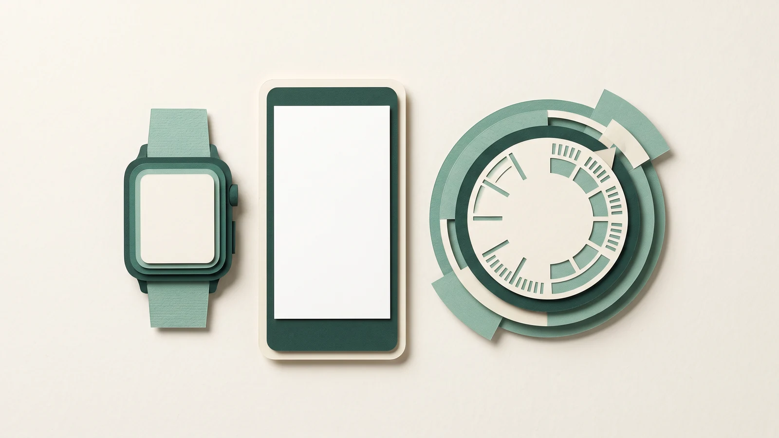 A generic smartwatch and phone-like health surface presented as simple physical objects beside a paper sleep-score dial, with all screens blank and no text.