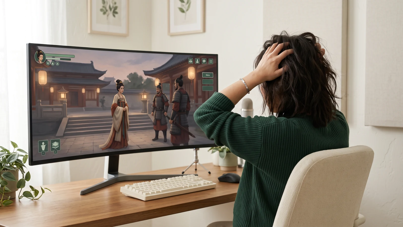 A global streamer reacting to a tense Tang-palace decision on a large screen, shown from behind so the game characters and interface remain original and unbranded.