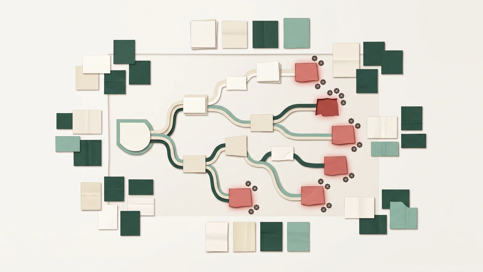 A branching palace-decision scene surrounded by anonymous player feedback cards, highlighting low tolerance for arbitrary endings, with all fields blank.