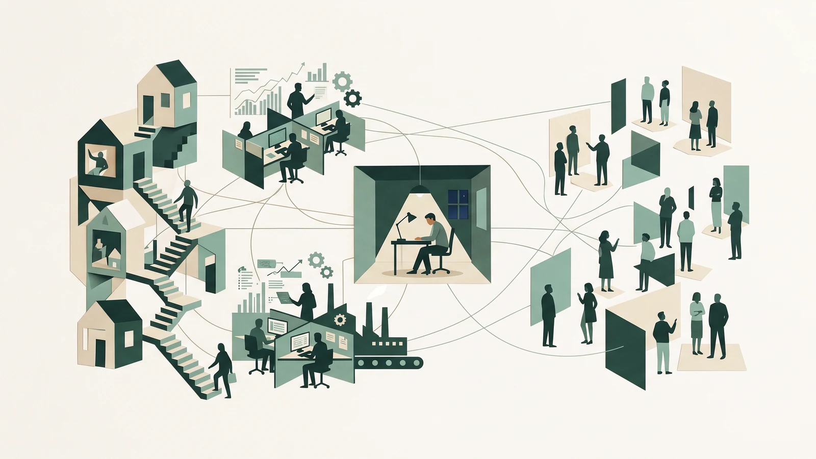 An abstract editorial visualization of social and economic pressure in the United States: housing, work, fragmented communities, and late-night solitude connected by thin lines.