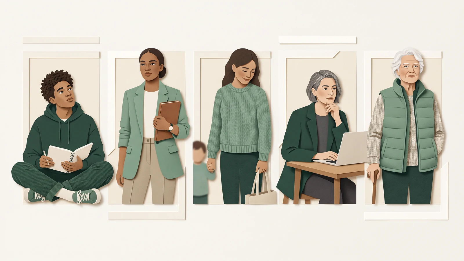 Five distinct anonymous user archetypes across age and life stage arranged as a refined editorial portrait series with consistent natural lighting.