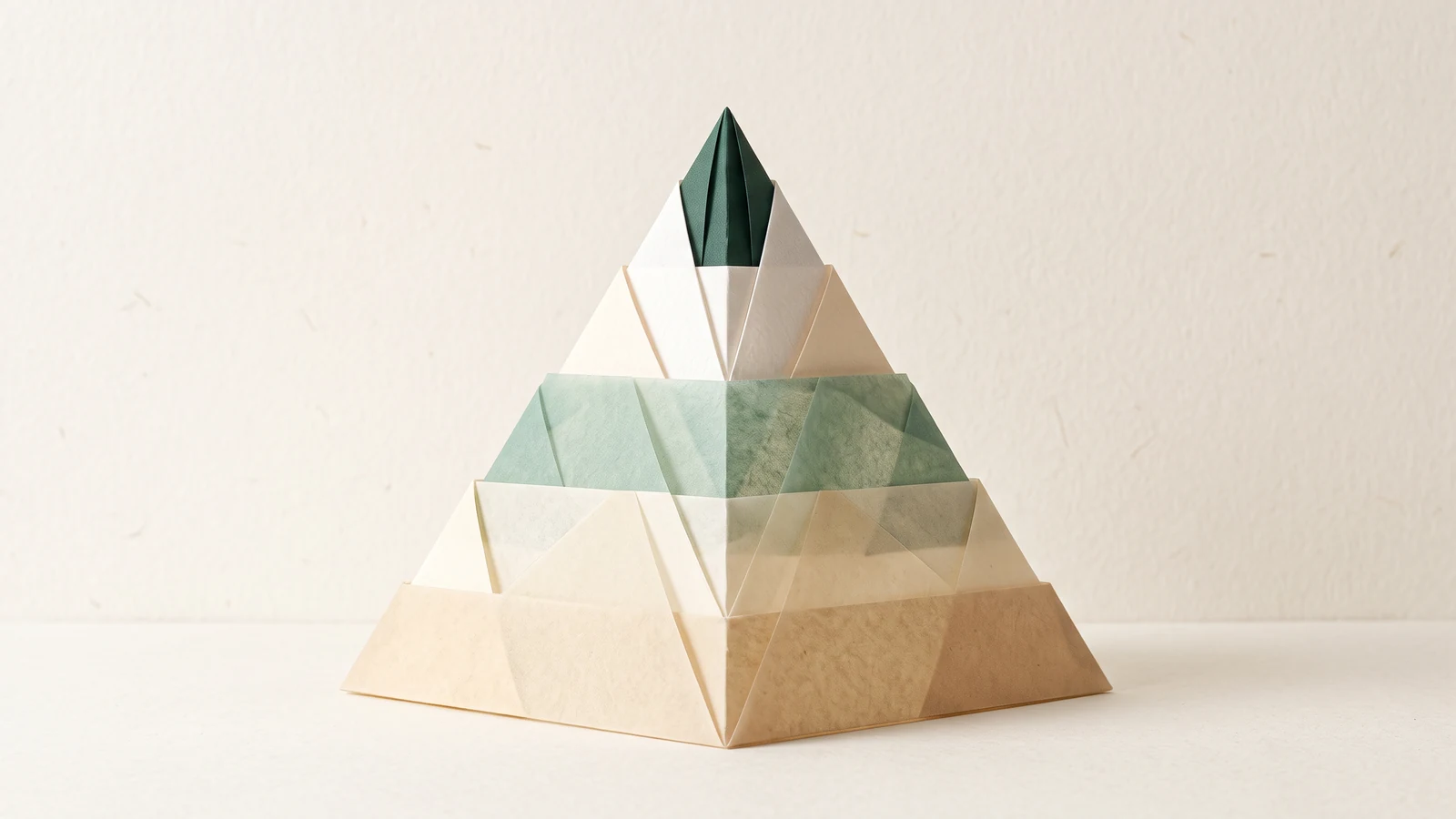 A five-level relationship-needs pyramid built from translucent paper layers, rising from simple availability to durable authentic connection, no labels.