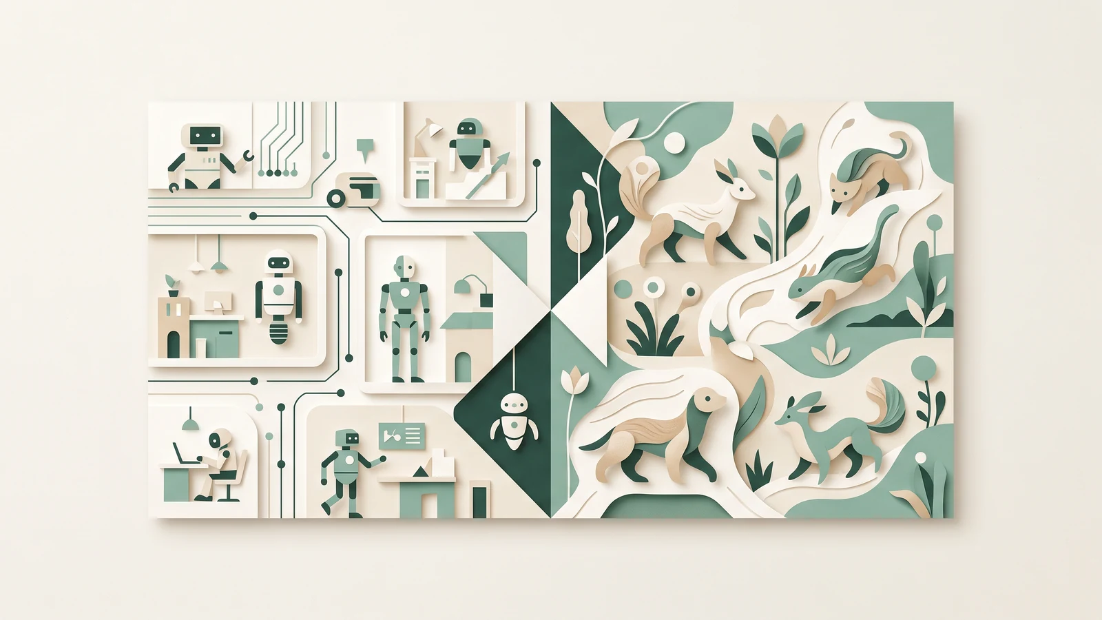A clean two-path companion-hardware landscape: lightweight desktop micro-robots on one side and warm biomimetic companion creatures on the other, organized as unlabeled cards.