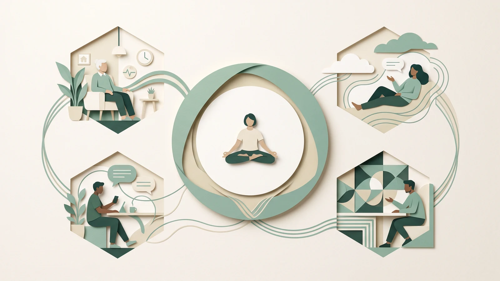 Four opportunity scenes for AI companionship: independent living safety, low-barrier emotional support, relationship gaps, and social-cost avoidance, linked as a calm ecosystem.